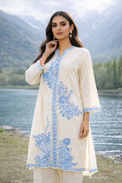 Sana Safinaz Ivory Blue Embroidered Kurta Set