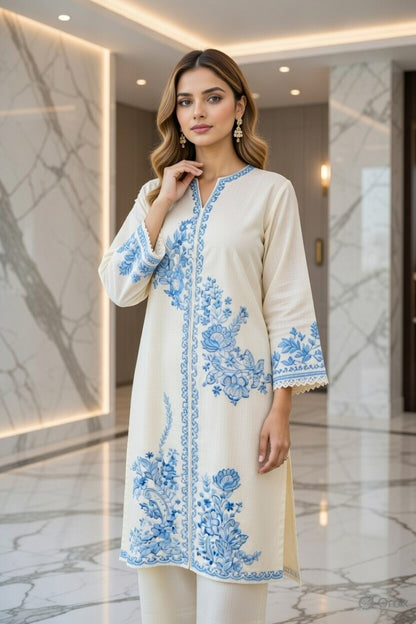 Sana Safinaz Ivory Blue Embroidered Kurta Set